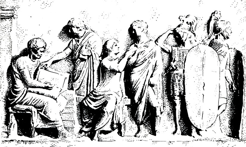 Сцена перед цензором: писарь записывает сообщение гражданина, сидящего перед ним; один из двух свидетелей приносит присягу; справа - два воина. Алтарь Домиция Агенобарба (115-110 гг. до н. э.), Париж, Лувр