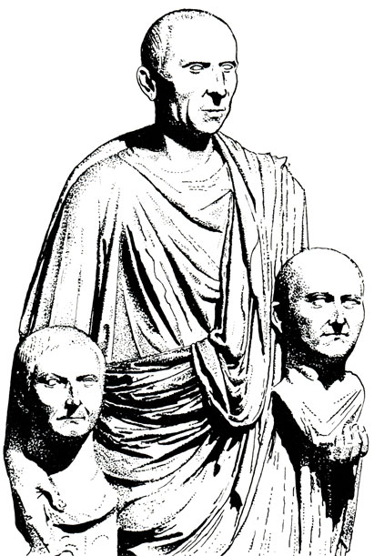 Патриций, несущий бюсты своих предков (по- видимому, отца и деда) - так называемая 'статуя Барберини'. Мрамор, конец I в. до н.э. Рим. Палаццо деи Конеернатори