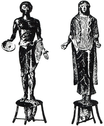 Бронзовые вотивные статуэтки жреца и жрицы из святилища Монте-Гурагацца (Vв. до н. э.). Болонья, городской музей