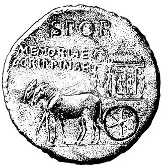Оборотная сторона брозового сестерция, выбитого в честь Агриппины Старшей; на монете изображена парадная колесница, в которую запряжены два мула (33-37 гг.)